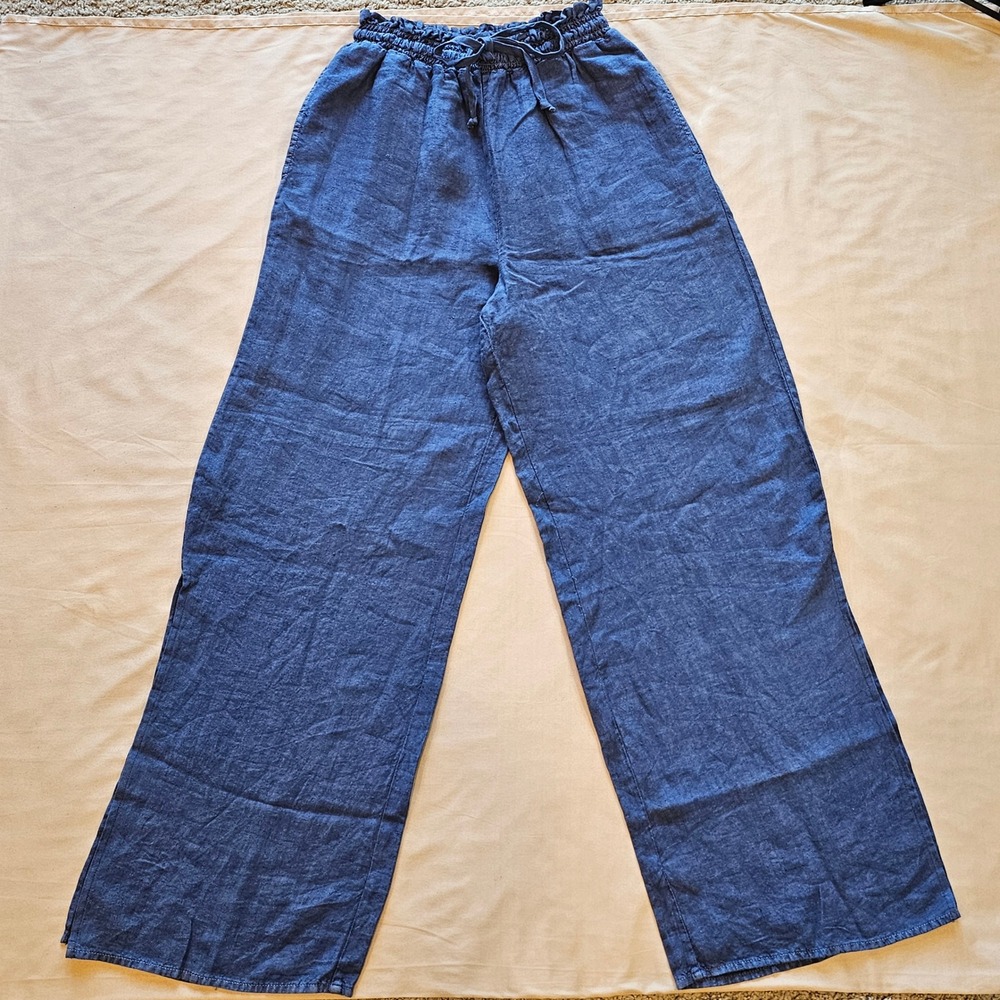 Bella Dahl Blue 100% Linen Wide Leg Paperbag Waist Pants B3377-331-301 Medium